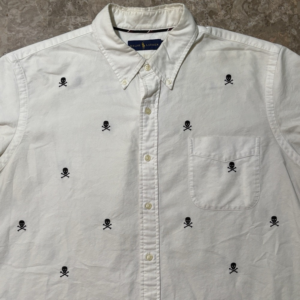 Polo Ralph Lauren Shirt Mens 2XL White Skulls Oxford Short Sleeve Button